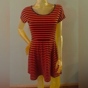 Neon Orange-Red and Black Striped Fit and Flare Mini Dress